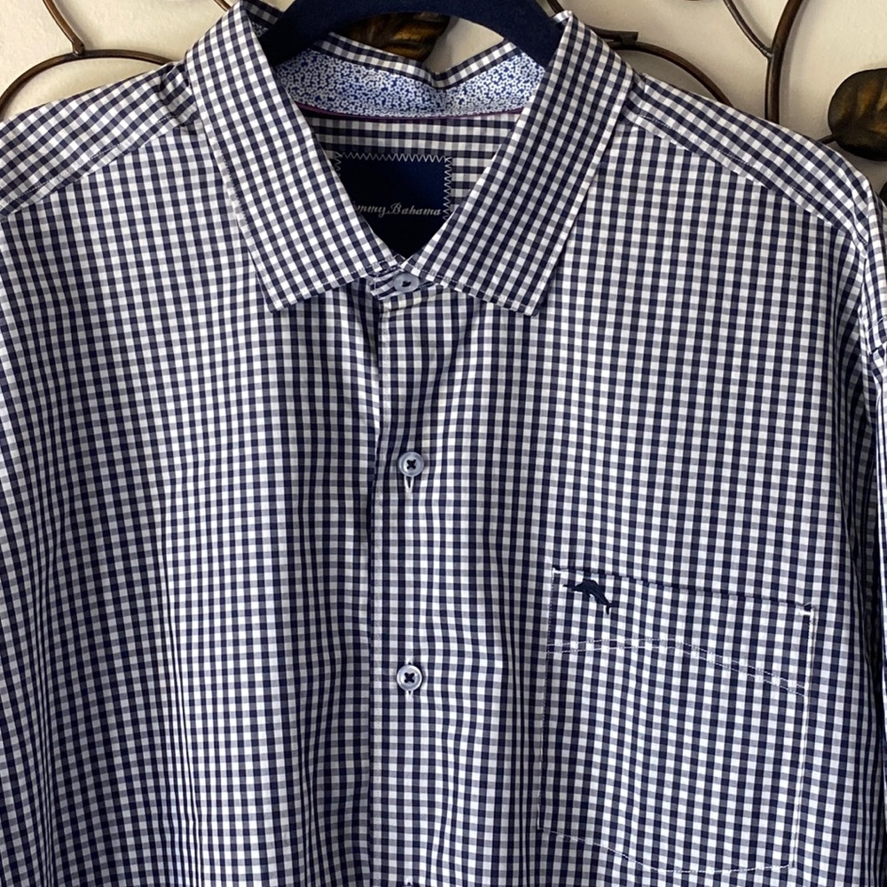 NWT Tommy Bahama Button Down Shirt     Pima Cotton    Navy/White Check     XL